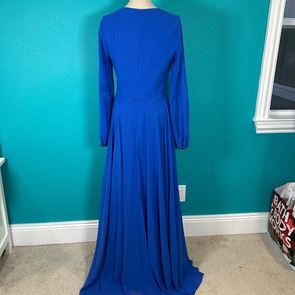 NWT Leena For Mac duggal 55682 Dress Blue Plunged Bishop Sleeve Long Gown Size 6 - Picture 5 of 8